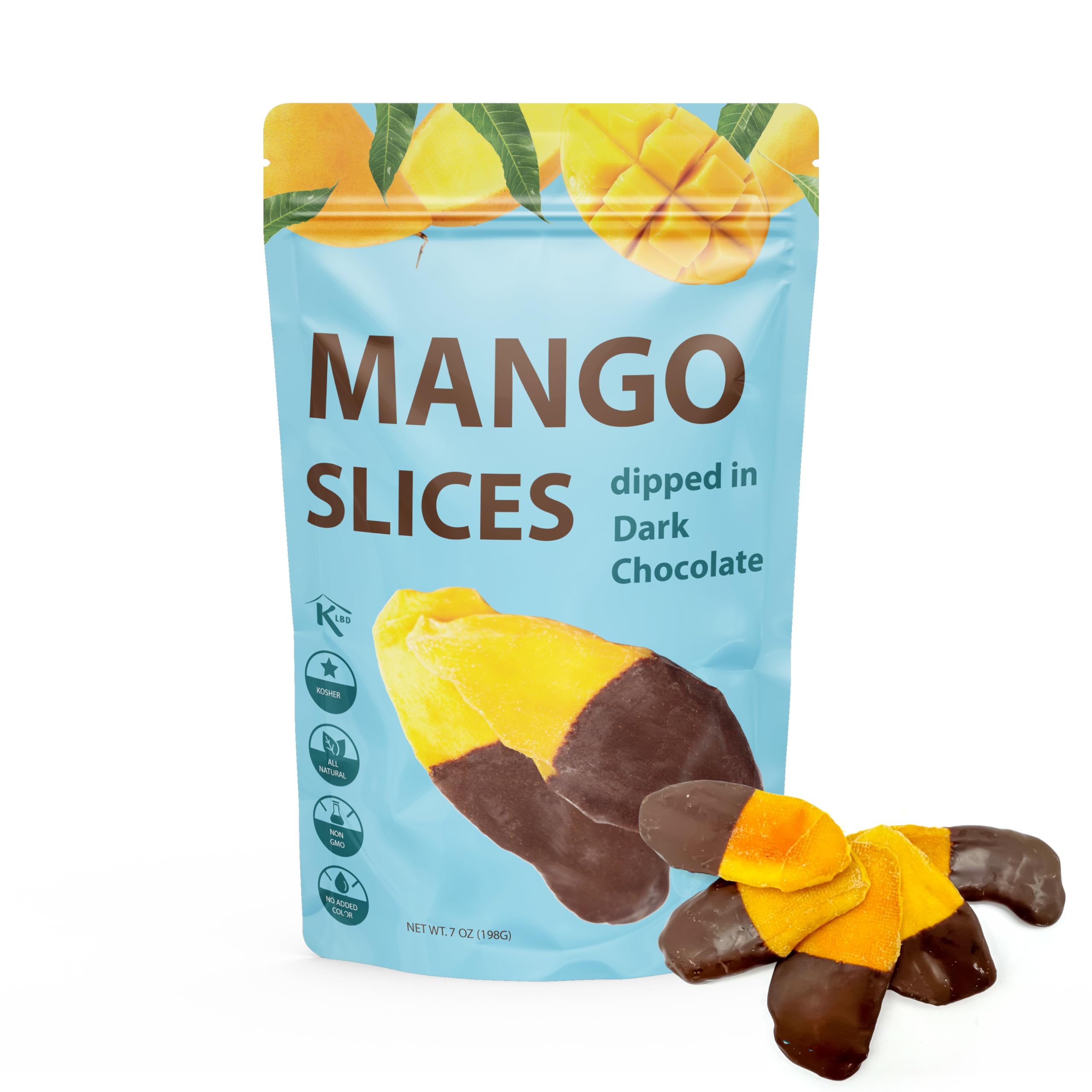 Premium All Natural Real Rich Dark Chocolate Dipped Tropical Mango Dried Fruit Slices 7oz Non GMO, No Added Colors Healthy Snacks Resealable Bag (1-Pack)