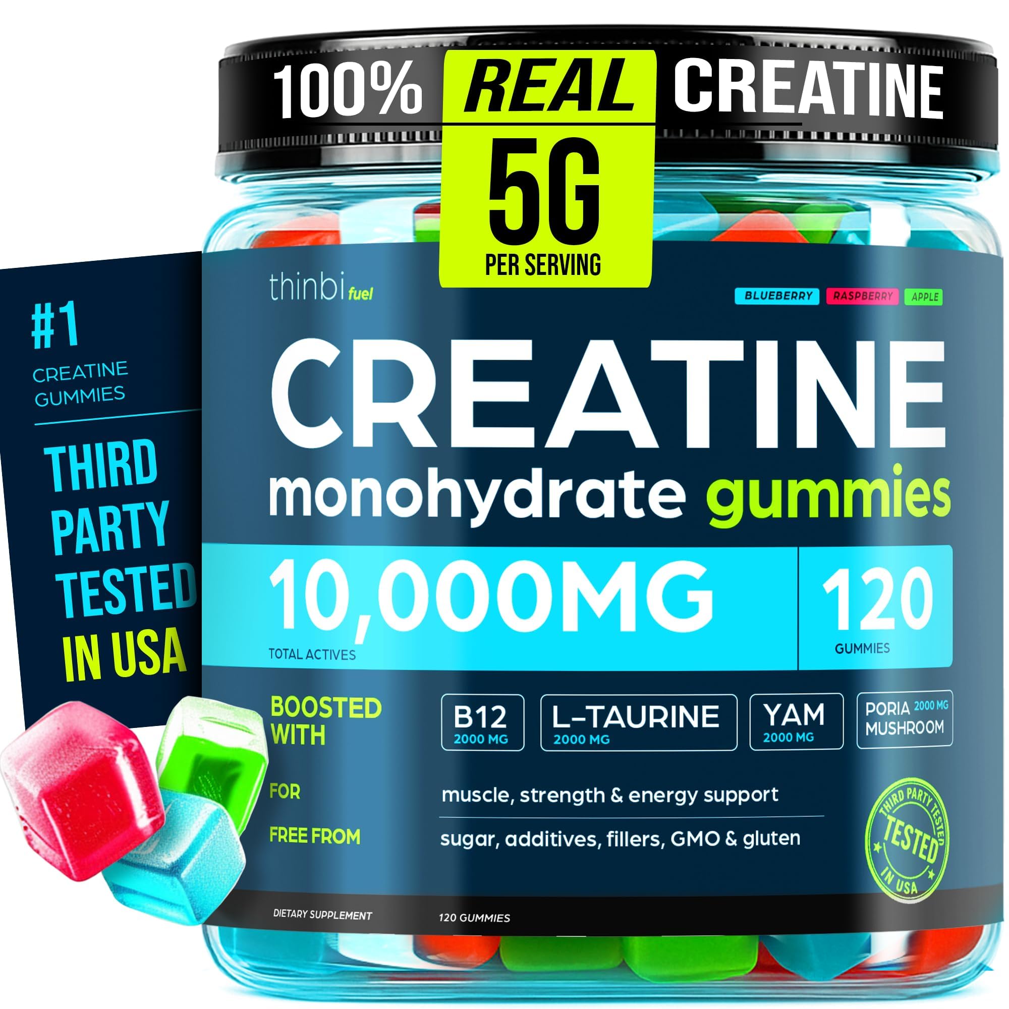 Thinbi Creatine Gummies, Blueberry Raspberry and Apple, 120 Count